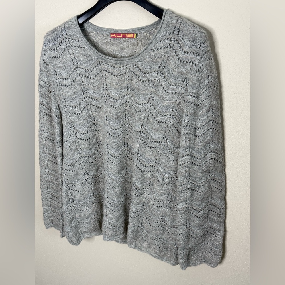 Kuna Baby Alpaca Silk Sweater Gray Pointelle Knit Peru Luxury M - Picture 3 of 9